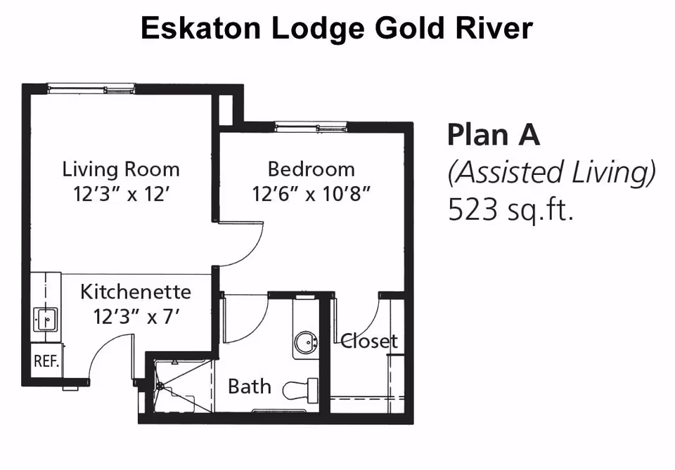 Floor plan of Eskaton Lodge Gold River Plan A Assisted Living unit showing a living room, bedroom, kitchenette, bathroom, and closet with dimensions and total area of 523 square feet.