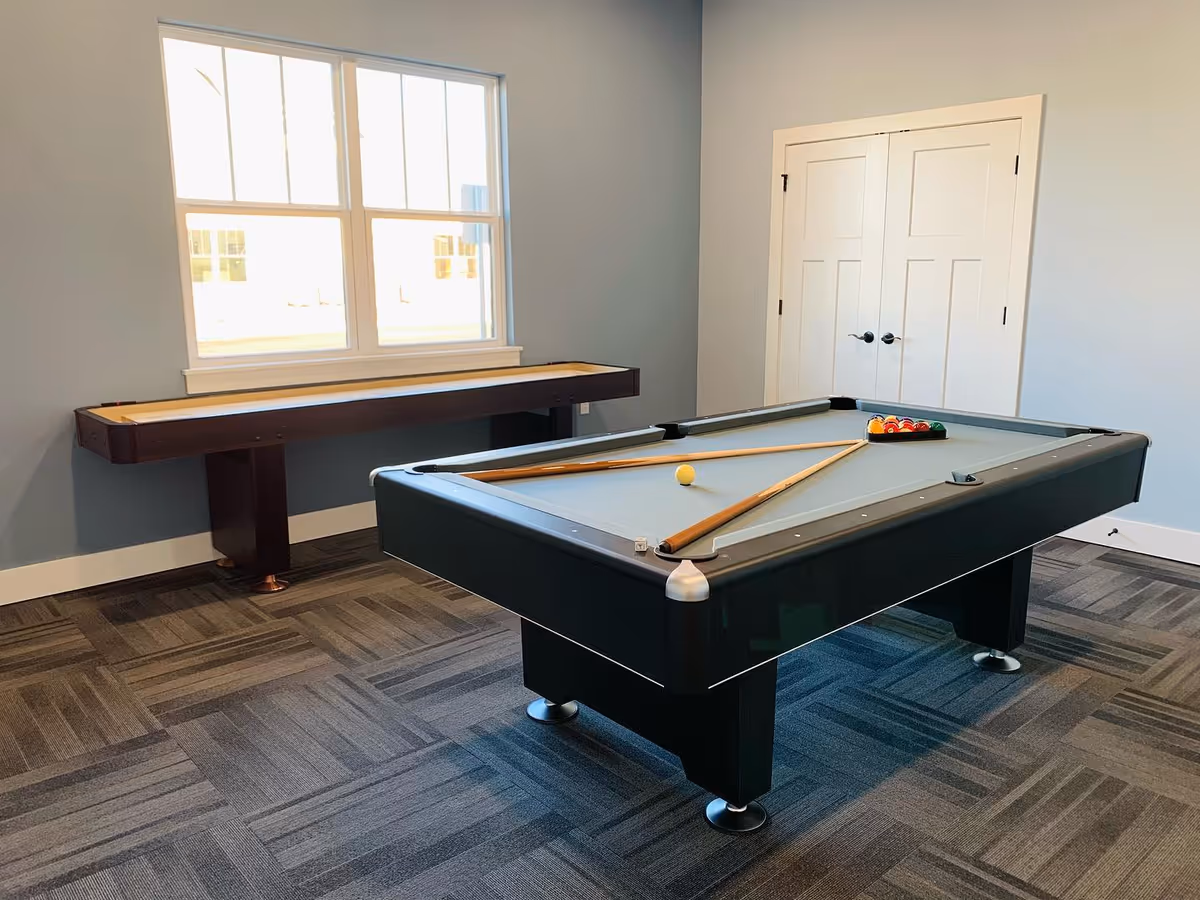 A game room with a pool table and a shuffleboard table. The pool table has two cues, a yellow cue ball, and a rack of billiard balls arranged on the felt surface. The room has a window letting in natural light, light blue walls, a double-door closet, and patterned carpet flooring.