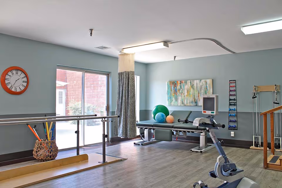 A rehabilitation therapy room with parallel bars for walking exercises, a treatment table with exercise balls, a rack of small dumbbells, and various physical therapy equipment. The room has light blue walls, a large window with a view outside, a wall clock, and a colorful abstract painting.