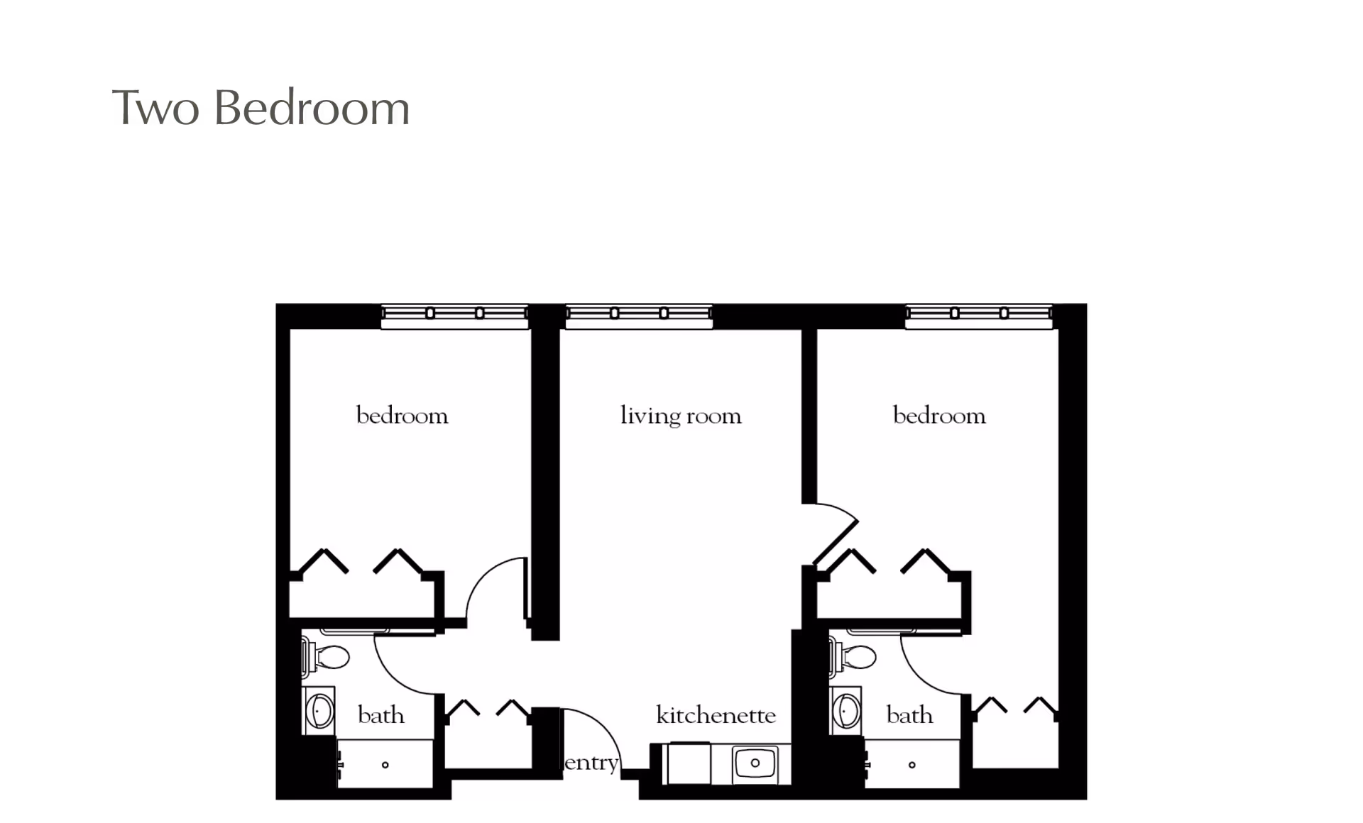 Floor plan layout of a two-bedroom apartment featuring two bedrooms, two bathrooms, a living room, a kitchenette, and an entry area.