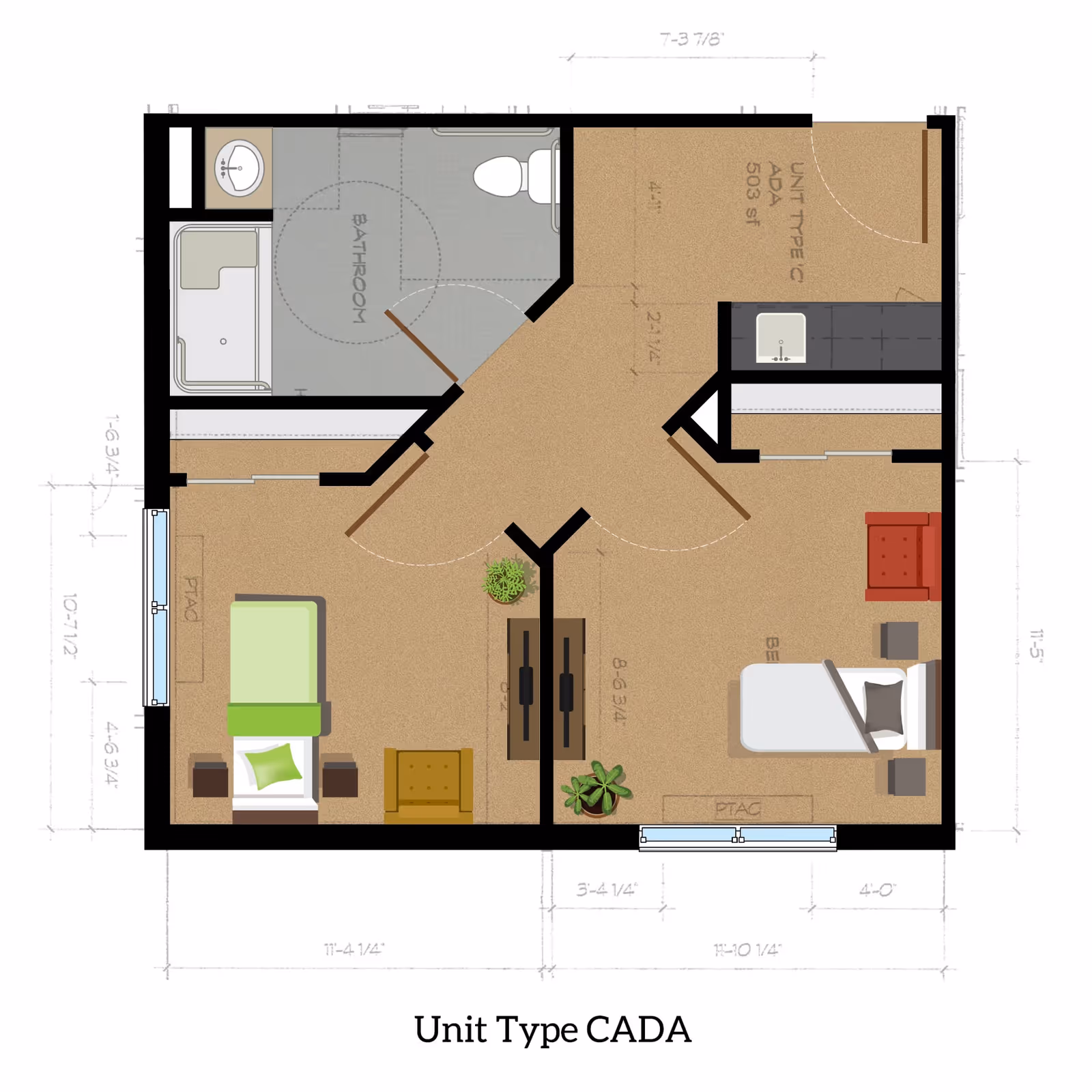 Top-down floor plan labeled 'Unit Type CADA' showing an accessible two-bedroom apartment with a central living area, kitchenette, and bathroom.