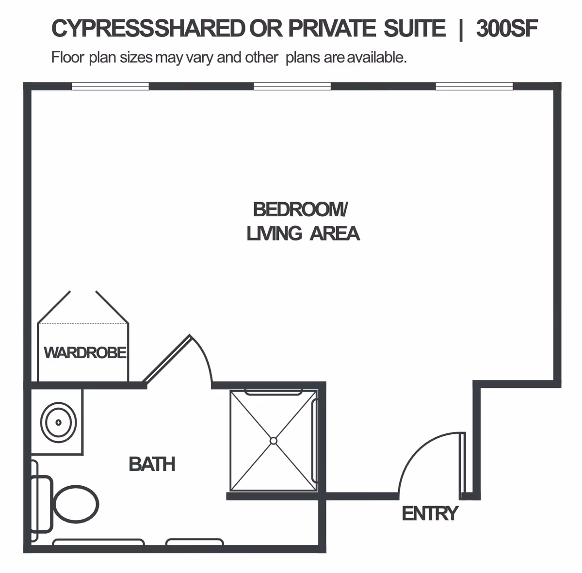 Floor plan of a Cypress shared or private suite with 300 square feet, showing a combined bedroom and living area, a bathroom with a toilet, sink, and shower, a wardrobe, and an entry door.