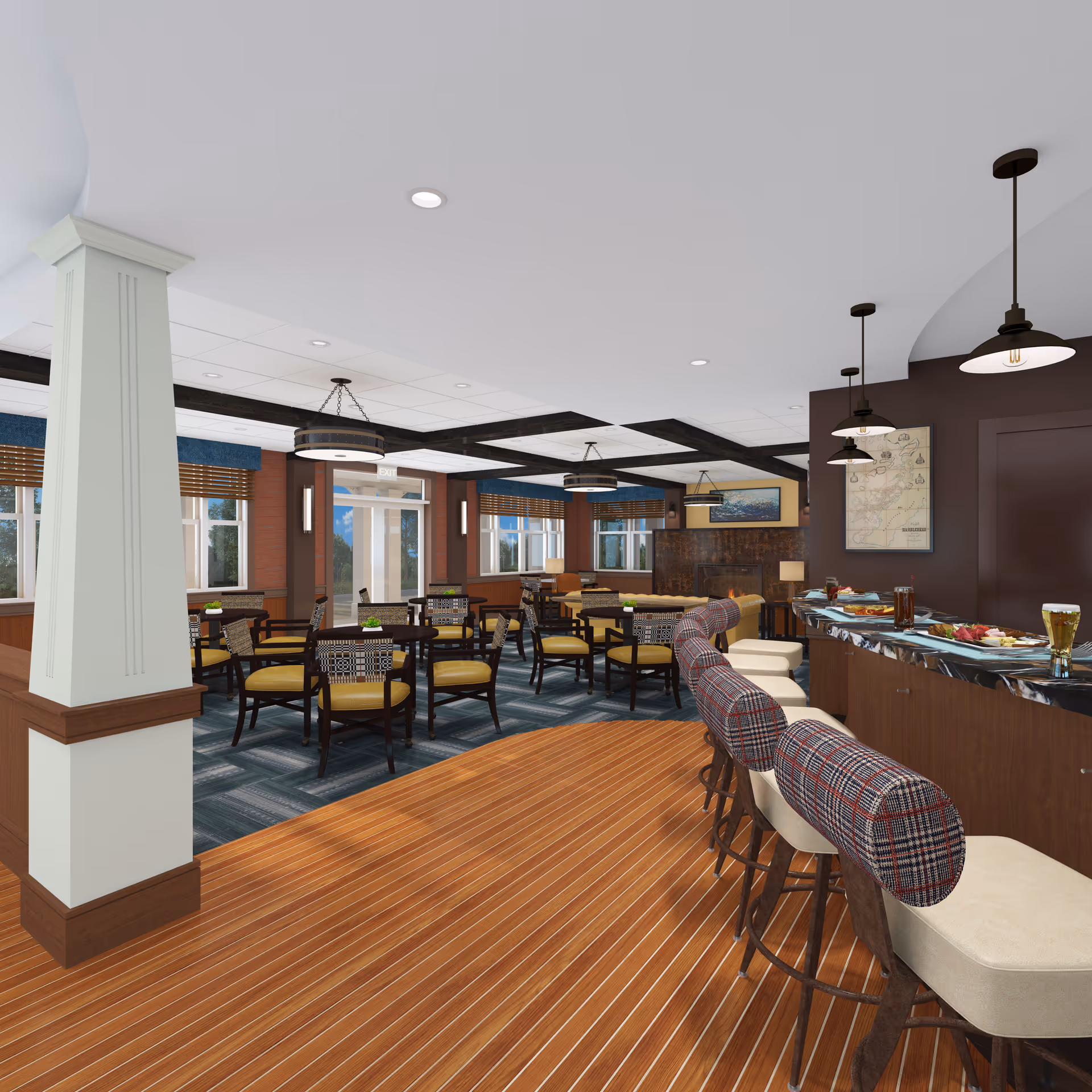 A spacious dining area with multiple tables and chairs, featuring a bar counter with cushioned bar stools. The room has wooden flooring near the bar and carpeted flooring in the dining section. Large windows with wooden blinds allow natural light to enter. The ceiling has recessed lighting and decorative wooden beams. The walls are painted in warm tones, and there are framed pictures and a map on the walls.