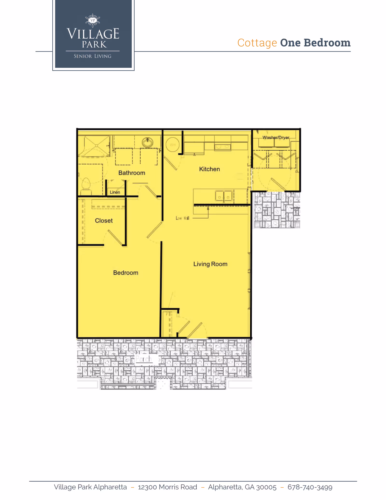 Floor plan of a one-bedroom cottage at Village Park Alpharetta showing a bedroom with closet, bathroom with linen closet, kitchen, living room, and washer/dryer area. The plan includes a patio area outside the living room.