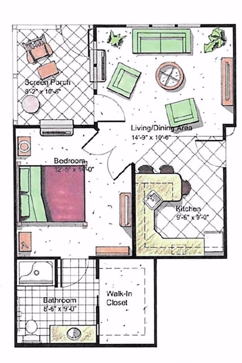 Floor plan of a senior living unit at Daisy Hill Senior Living showing a screen porch, living/dining area, kitchen, bedroom, bathroom, and walk-in closet with furniture layout and room dimensions.