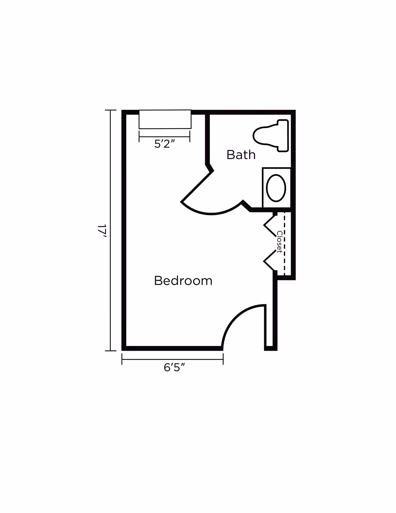 Floor plan of a small living space labeled with dimensions. It includes a bedroom area measuring 6 feet 5 inches by 17 feet, a bathroom with a toilet and sink, and a closet. The bedroom has a window measuring 5 feet 2 inches.