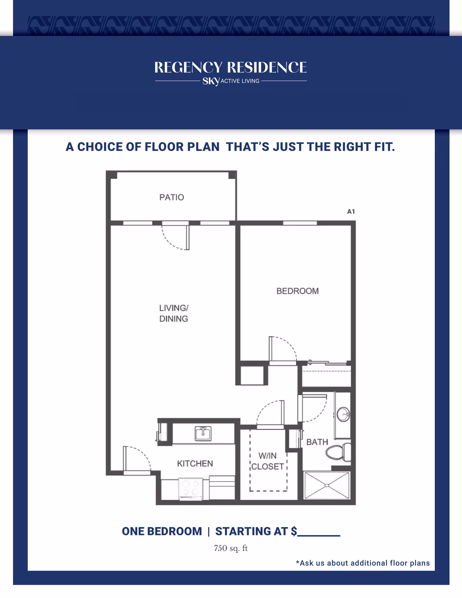 Floor plan of a one-bedroom apartment at Regency Residence by Sky Active Living, showing a patio, living/dining area, kitchen, walk-in closet, bathroom, and bedroom. The total area is 750 square feet.