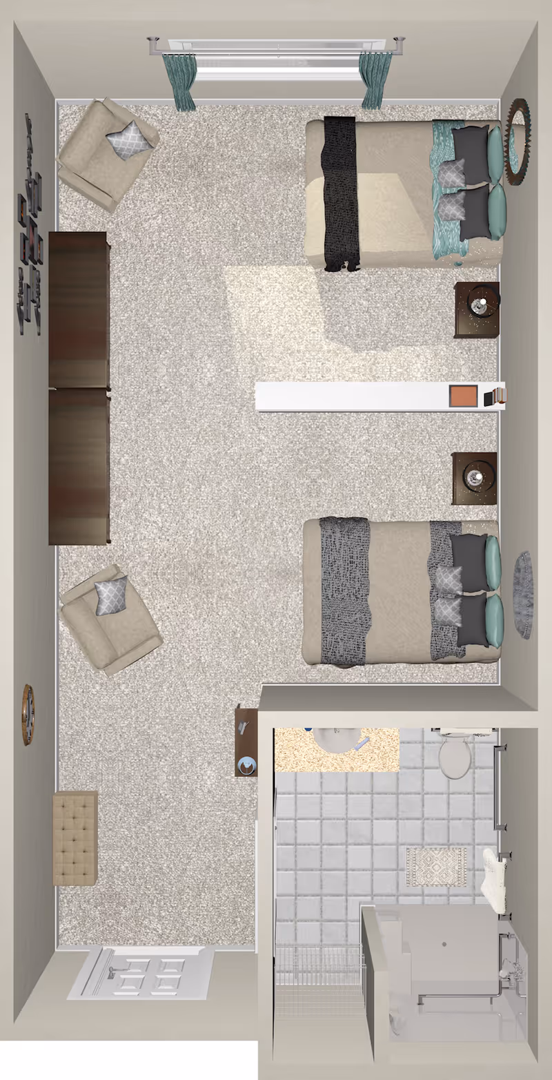 Top-down view of a senior living facility room at Addington Place of Roswell featuring two beds separated by a partial wall, each with pillows and blankets. The room includes two armchairs, two dressers, two nightstands with lamps, a window with green curtains, and a bathroom with a shower, toilet, and sink.