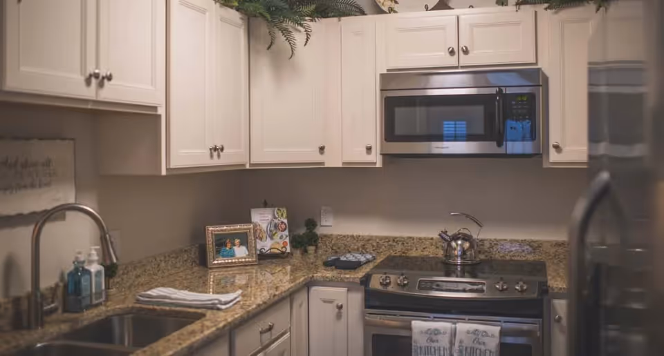 A modern kitchen with white cabinets, granite countertops, a stainless steel microwave, stove, and sink. There are decorative items including a framed photo, a small plant, and kitchen towels hanging on the oven handle.