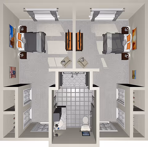 Top-down view of a senior living facility apartment layout featuring two bedrooms on either side, each with a bed, nightstands, and wall art. Between the bedrooms is a shared bathroom with a toilet, sink, and shower. The bedrooms have windows with curtains and a small seating area with two chairs and a table between them.