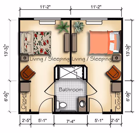 Floor plan showing two adjacent living/sleeping rooms each with a bed, chair, closet, and small table. A shared bathroom is located between the two rooms with doors opening into each room.