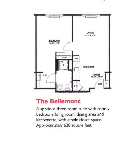 Floor plan of The Bellemont suite at Lehigh Commons showing a spacious three-room layout with a bedroom, living room, dining area, kitchenette, bathroom, and multiple closets. The suite is approximately 638 square feet.