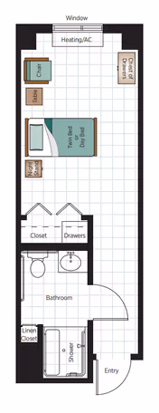 Floor plan of a senior living facility room at Belmont Village Senior Living Calabasas showing an entry leading to a bathroom with shower, toilet, sink, and linen closet. The main room includes a twin bed/day bed, night stand, chair, table, chest of drawers, closet, and drawers. There is a window with heating/AC unit beneath it.