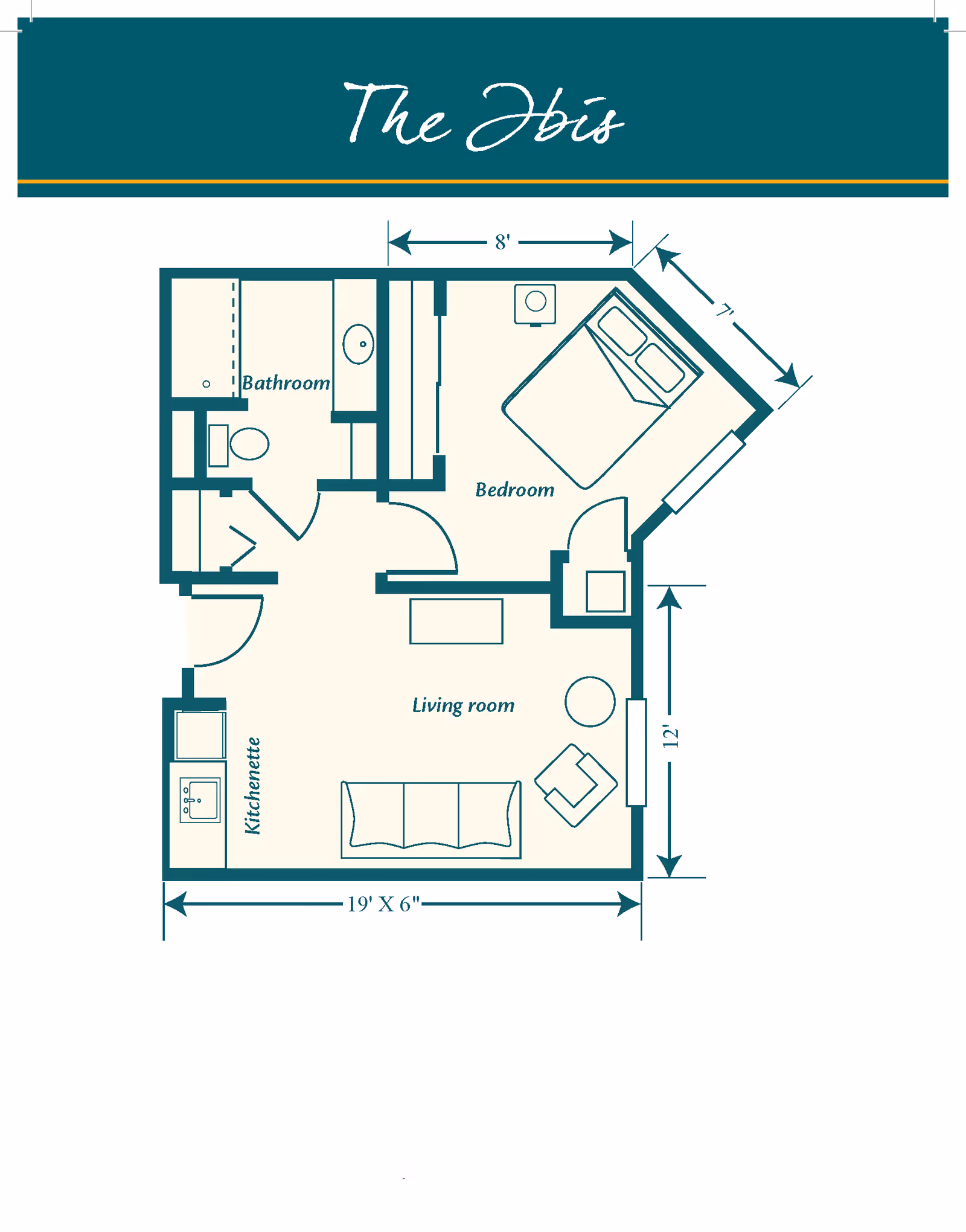 Floor plan titled "The Ibis" showing a one-bedroom apartment with a living room, kitchenette, bathroom, basic furniture and dimensions.