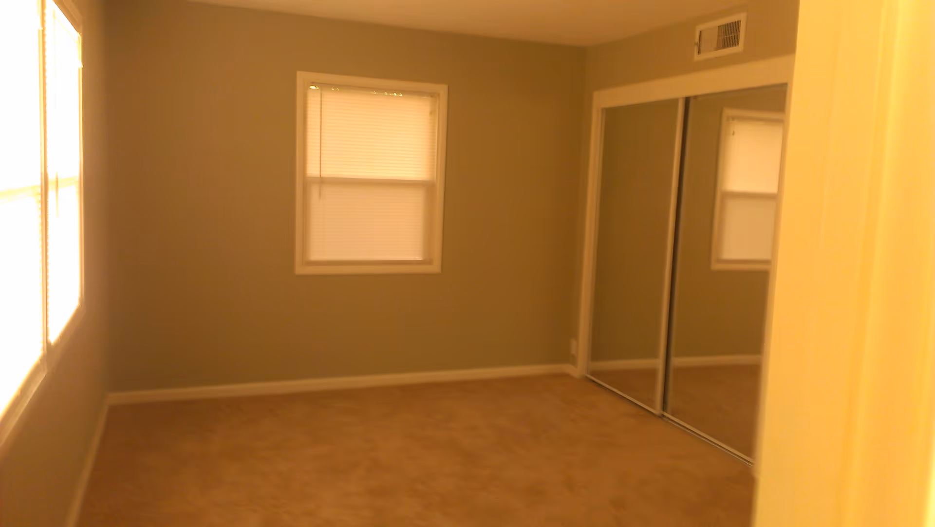 Empty carpeted bedroom with two windows and mirrored sliding closet doors.