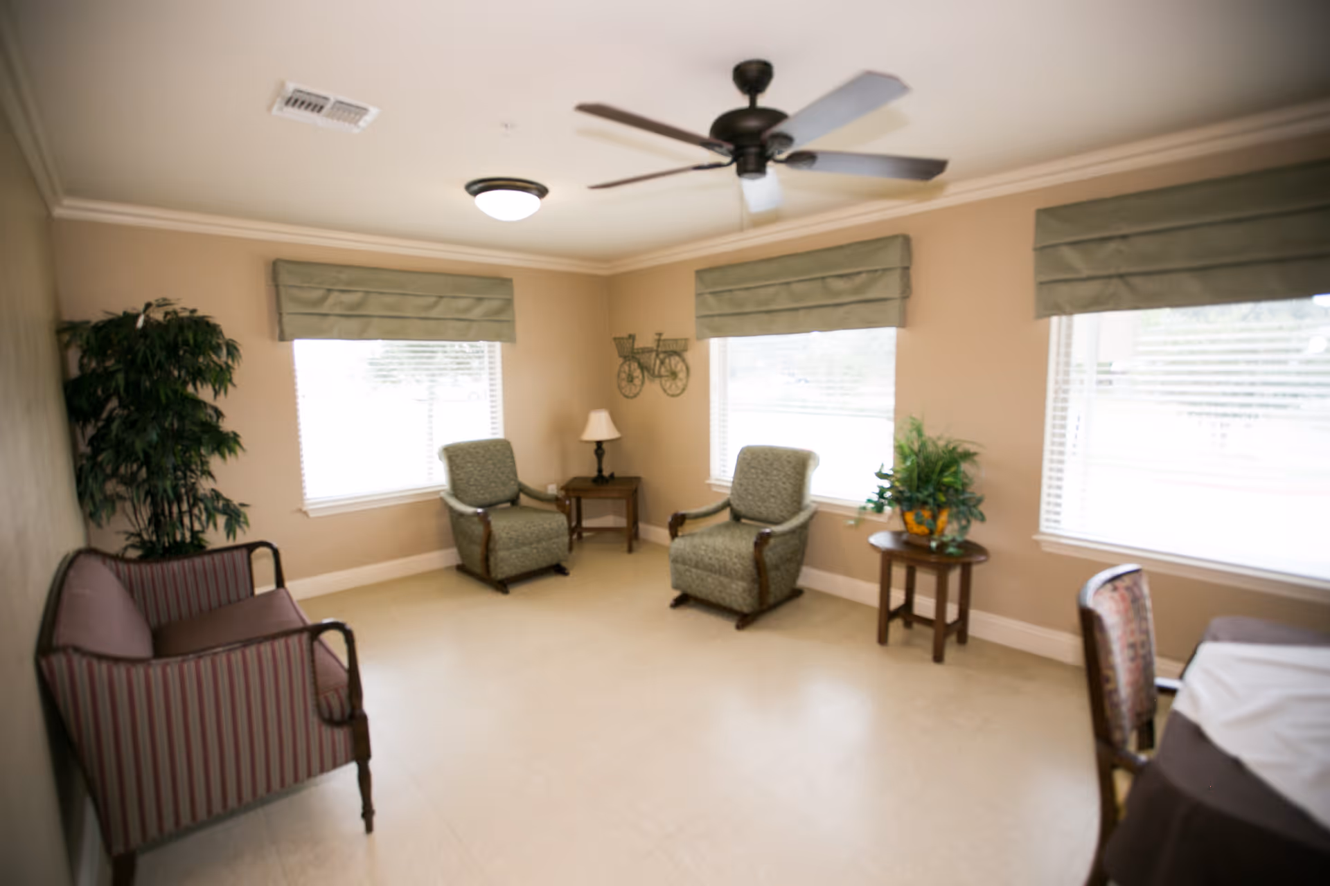 A small sitting area with two green upholstered armchairs, a striped loveseat, two side tables with lamps and plants, three windows with green valances, a ceiling fan, and beige walls and floor.