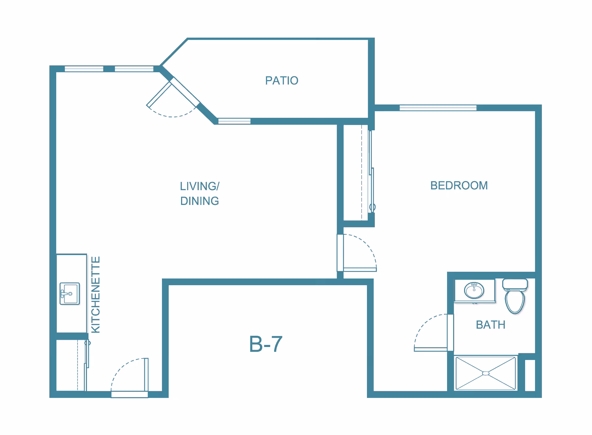 Floor plan layout of a senior living unit labeled B-7, showing a bedroom, bath, kitchenette, living/dining area, and a patio.
