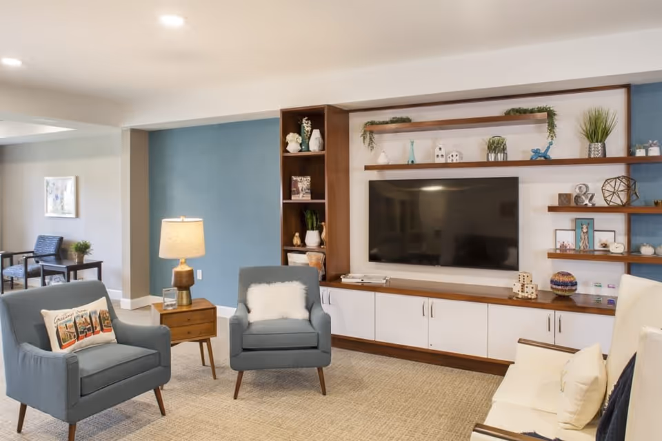 A cozy living room area with two blue armchairs, a wooden side table with a lamp, a large flat-screen TV mounted on a wall with built-in shelves decorated with plants and ornaments, and a white cushioned chair. The walls are painted blue and beige, and the floor is carpeted.