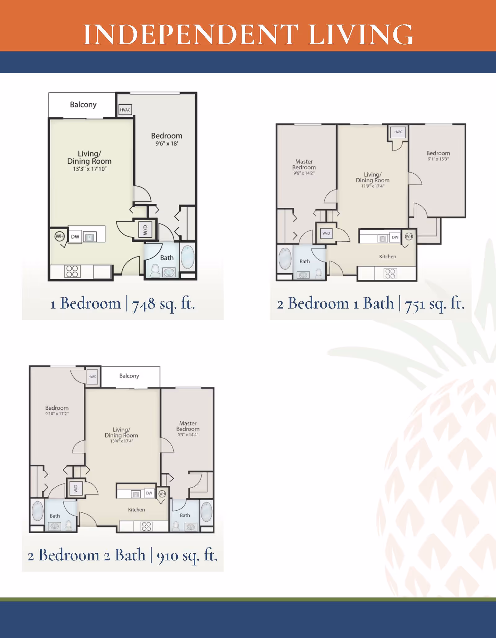 Floor plans for independent living apartments at Hines Hill Senior Living, showing layouts for 1 bedroom 748 sq. ft., 2 bedroom 1 bath 751 sq. ft., and 2 bedroom 2 bath 910 sq. ft. units with labeled rooms including living/dining rooms, bedrooms, bathrooms, kitchens, balconies, and HVAC areas.