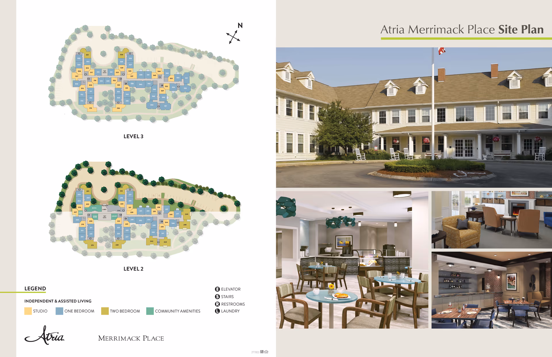 Atria Merrimack Place site plan with floor layouts for Level 2 and Level 3 on the left, showing studio, one-bedroom, two-bedroom units, and community amenities. On the right, images include the front exterior of the building with a flagpole and rocking chairs, a dining area with tables and chairs, a lounge area with armchairs and a fireplace, and a modern dining room with a bar and tables.