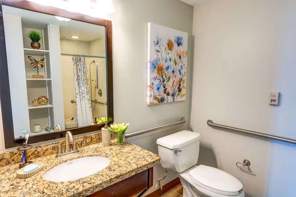 A clean and well-lit bathroom with a granite countertop sink, a large mirror, a white toilet, and a floral painting on the wall. There are metal grab bars installed near the toilet and in the shower area, which has a floral shower curtain. The countertop has a soap dispenser, a toothbrush holder, and a small vase with flowers.