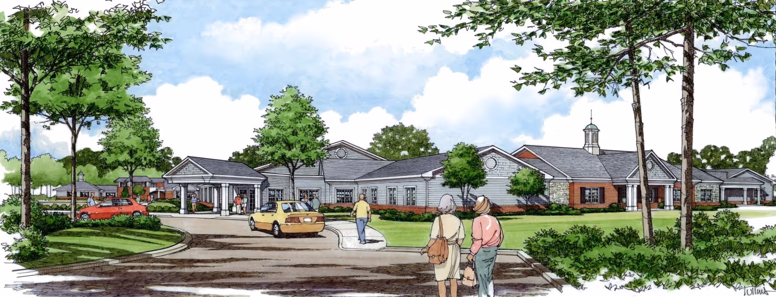 Illustration of Windsor Medical Center exterior with driveway, trees, and two pedestrians.