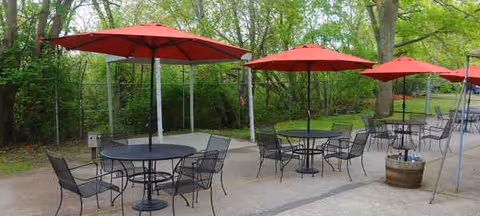 Outdoor dining patio with round tables, metal chairs, red umbrellas, and surrounding trees.