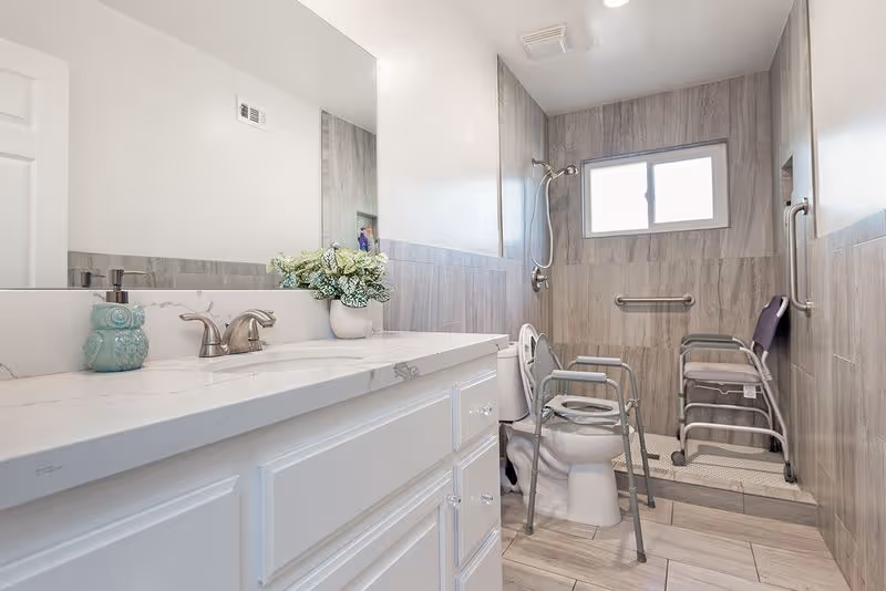 A clean, accessible bathroom with a white vanity and marble countertop, a large mirror, a toilet with a raised seat and safety frame, a walk-in shower with grab bars, a shower chair, and a window providing natural light.