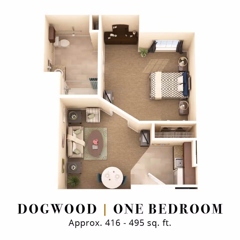 3D floor plan of a one-bedroom apartment named Dogwood, showing a bedroom with a bed and two nightstands, a bathroom with a toilet and shower, a living room with a sofa, chair, coffee table, and dining table with two chairs, and a kitchen area with appliances and cabinets.