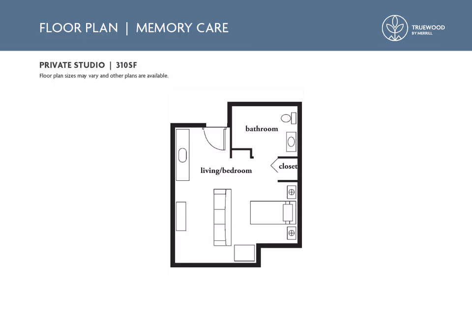 Black-and-white floor plan for a private studio memory care unit showing a combined living/bedroom, bathroom, and closet.