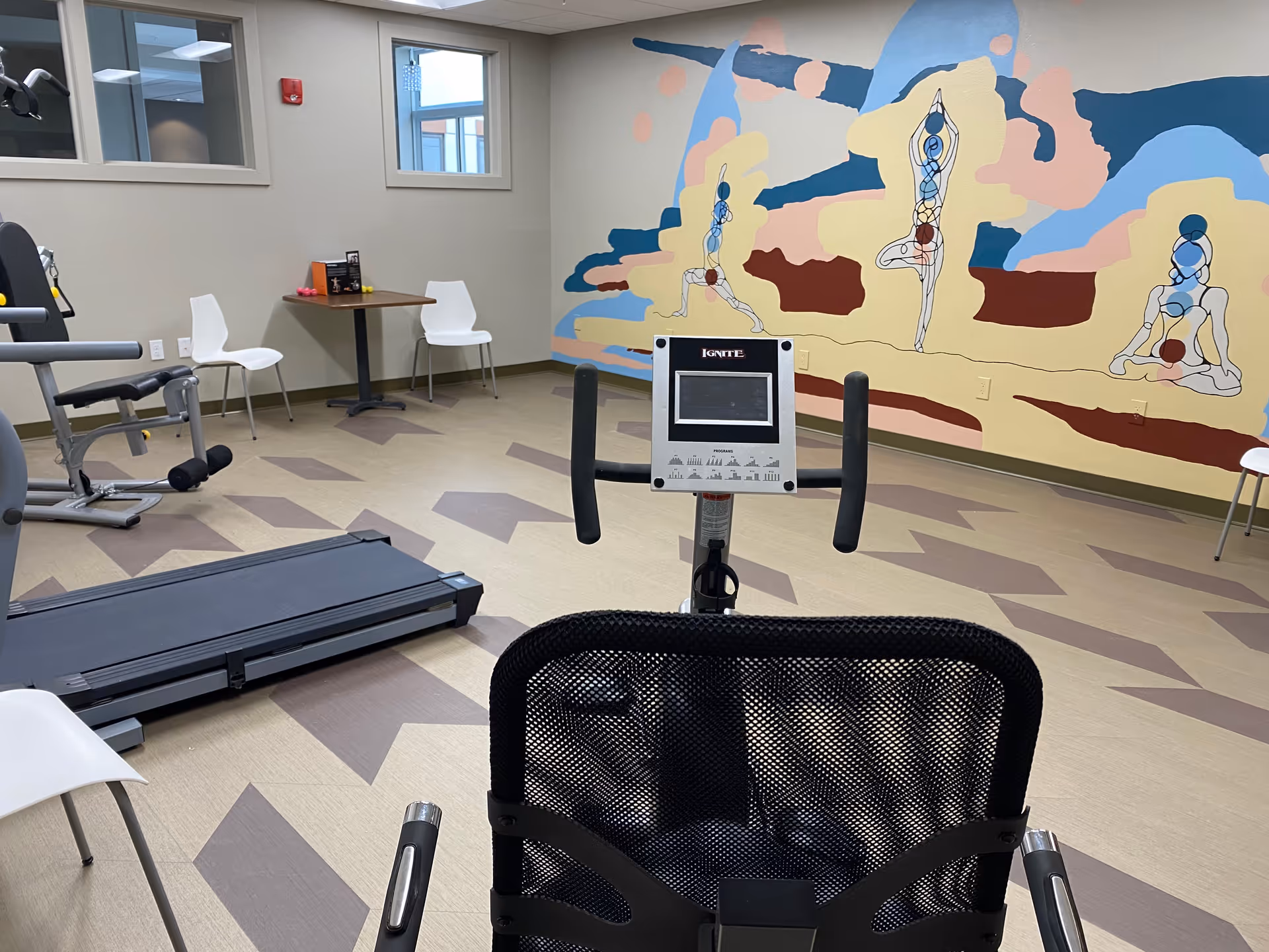 Exercise room with a recumbent bike in the foreground, a treadmill to the left, and a weight machine. The room has a colorful mural on the wall depicting abstract human figures in yoga poses. There are white chairs and a small table with light weights on it near the windows.