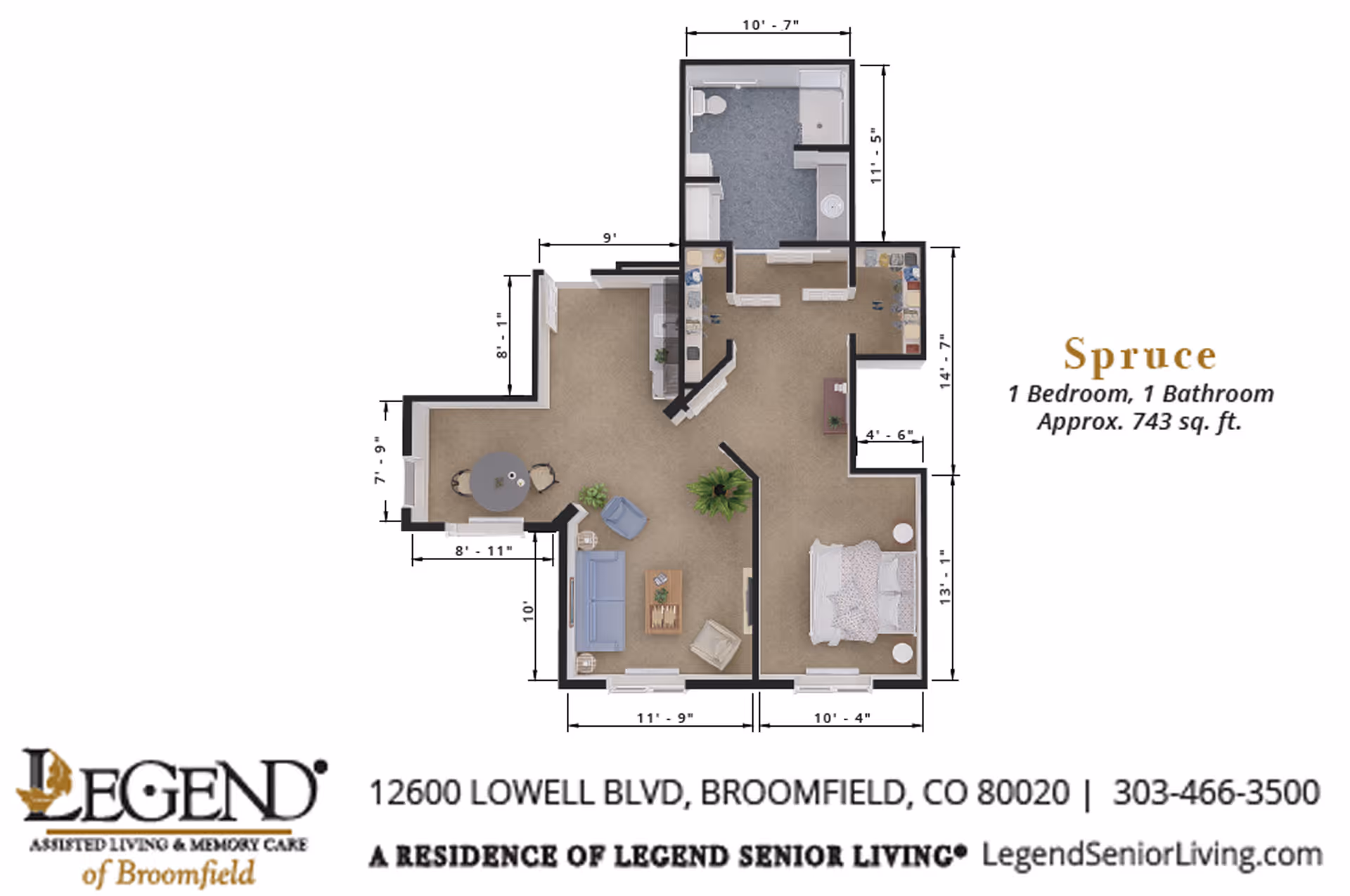 Rendered floor plan labeled 'Spruce' showing a one-bedroom, one-bathroom 743 sq. ft. apartment layout.