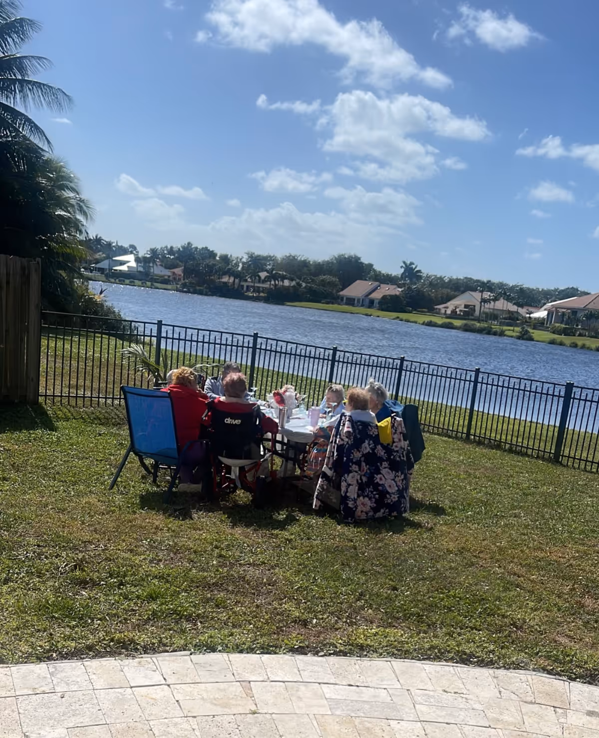 A group of elderly people sitting around a table outdoors near a lake, with a metal fence separating the grassy area from the water. The sky is clear with some clouds, and houses are visible across the lake.