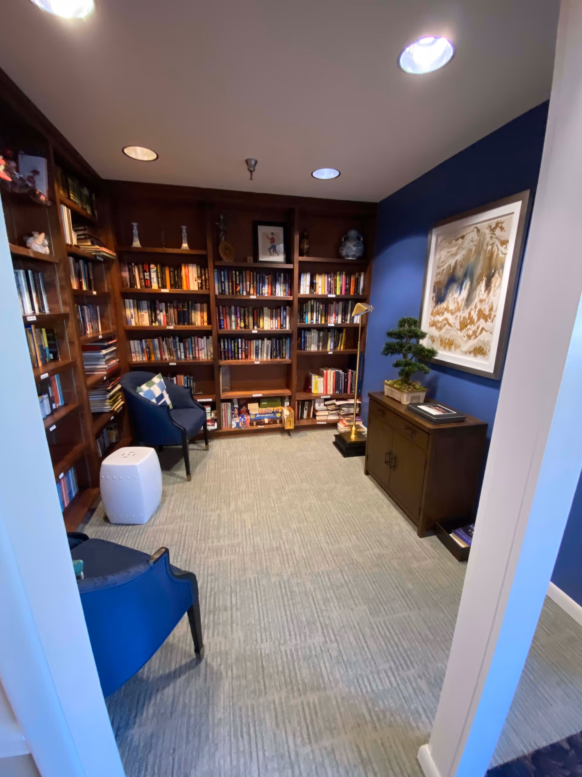 A cozy reading room with dark wooden bookshelves filled with books along the back and left walls. Two blue upholstered chairs with a small white side table are positioned near the shelves. A wooden cabinet with a bonsai plant and a framed abstract painting hangs on the blue wall to the right. The room is carpeted and has recessed ceiling lights.