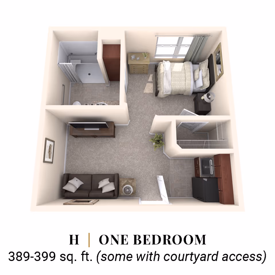 3D floor plan of a one-bedroom apartment featuring a bedroom with a bed, nightstand, dresser, and window; a living area with a sofa, side table, and TV stand; a kitchen with cabinets, sink, and refrigerator; a bathroom with a shower, toilet, and sink; and a small closet near the entrance.