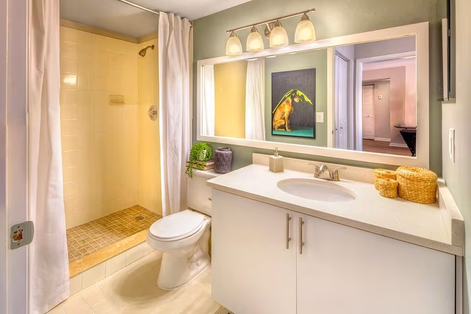 A clean bathroom featuring a walk-in shower with beige tiles and a white curtain, a white toilet, and a white vanity with a sink. Above the vanity is a large mirror with four light fixtures. On the vanity countertop are two woven baskets and a soap dispenser. A small plant and decorative items are placed on the toilet tank. A framed picture of a dog is reflected in the mirror, and the bathroom walls are painted light green.
