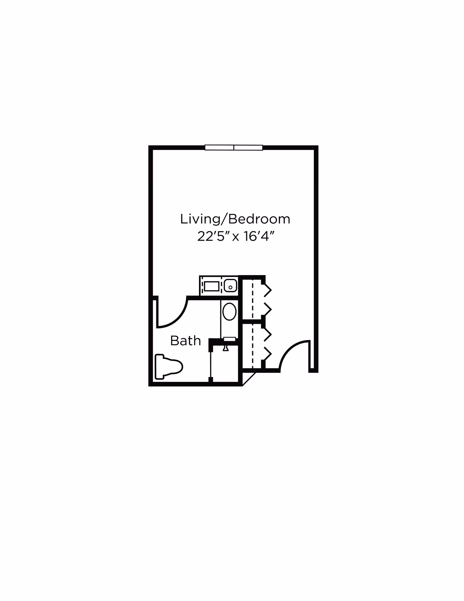Floor plan layout of a studio apartment with a combined living and bedroom area measuring 22 feet 5 inches by 16 feet 4 inches, a bathroom, and a small kitchenette area.