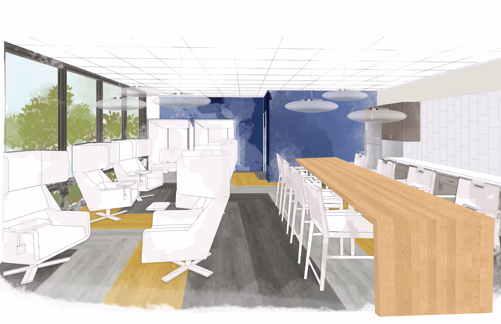 Rendered interior of a communal lounge and dining area with high-back white lounge chairs by large windows, a long wooden communal table with stools, and pendant lights.