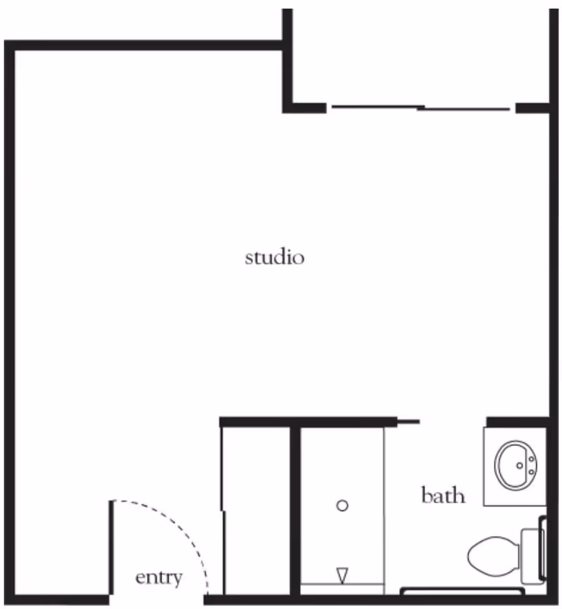 Floor plan layout of a studio apartment with an entry area, a combined living and sleeping space labeled 'studio', and a separate bathroom with a sink, toilet, and shower.