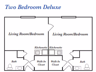 Floor plan labeled 'Two Bedroom Deluxe' showing two mirrored living room/bedroom areas each with a kitchenette, walk-in closet, and bathroom.