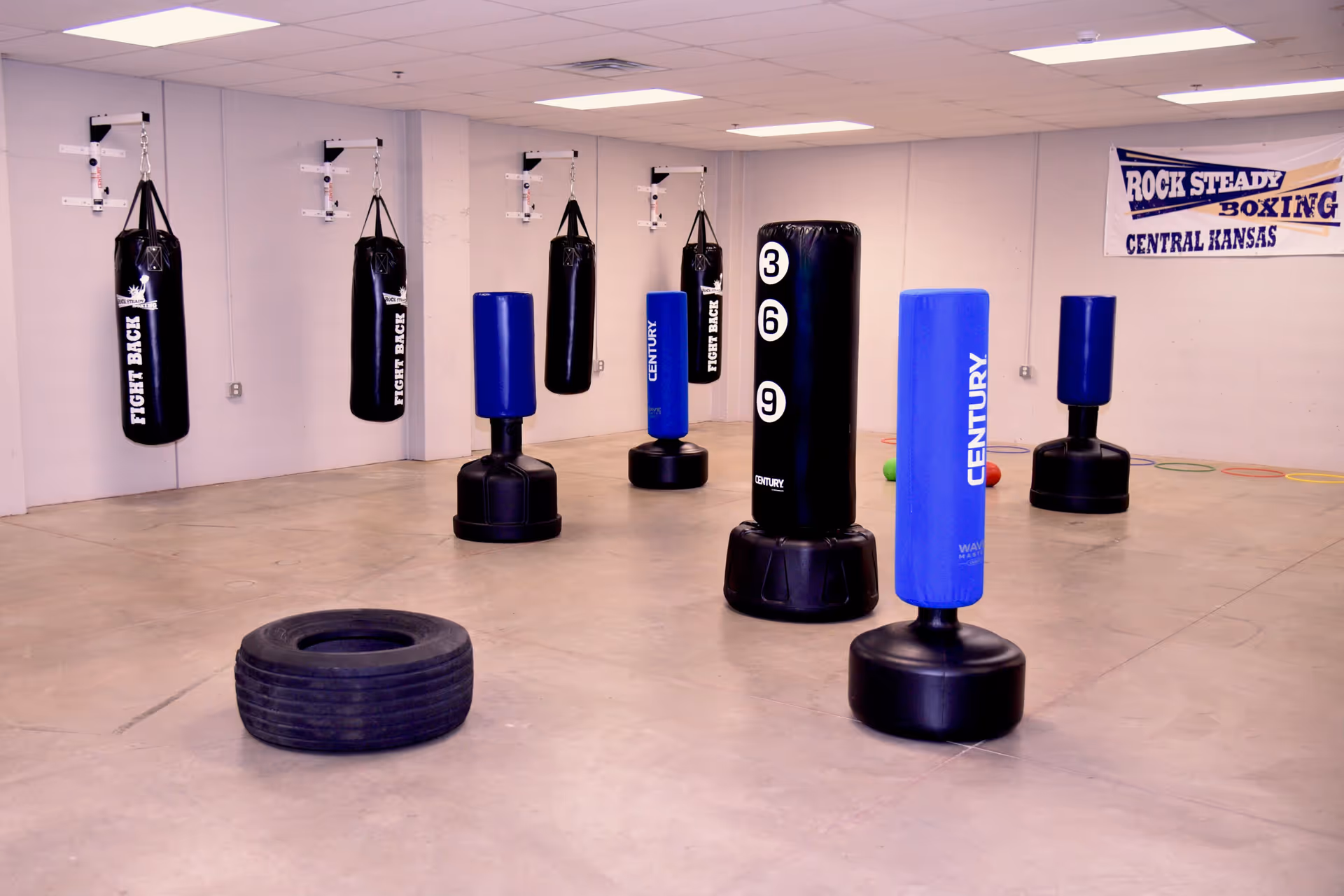 Indoor exercise room with multiple hanging and freestanding punching bags and a tire on the floor.