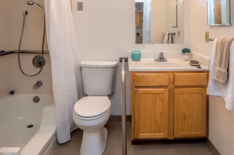 A bathroom with a white bathtub and shower combination with a shower curtain, a white toilet, and a wooden vanity with a sink. There is a mirror above the sink, a towel hanging on a rack, and a small plant and a blue cup on the countertop.