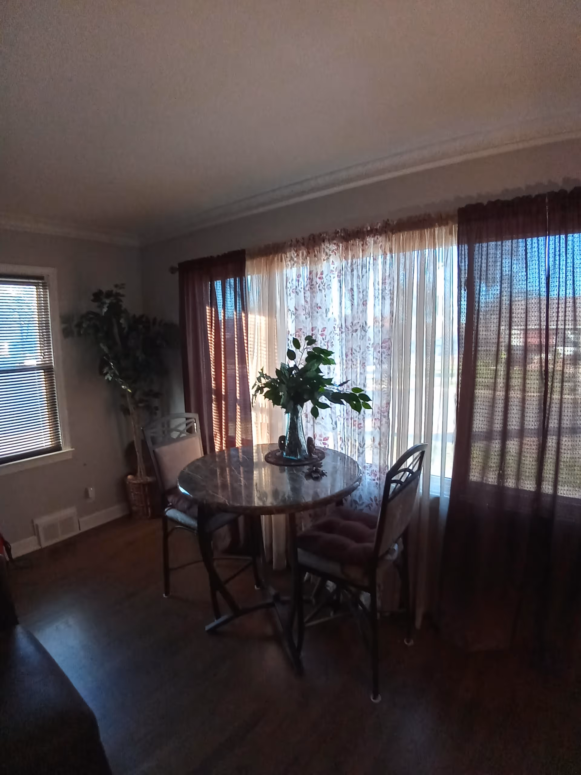 A small round dining table with a marble-like surface and two cushioned chairs is placed near a window with sheer floral curtains and darker drapes. A vase with green leafy plants is on the table. There is a potted plant in the corner and a window with blinds on the adjacent wall. The room has wooden flooring and light-colored walls.