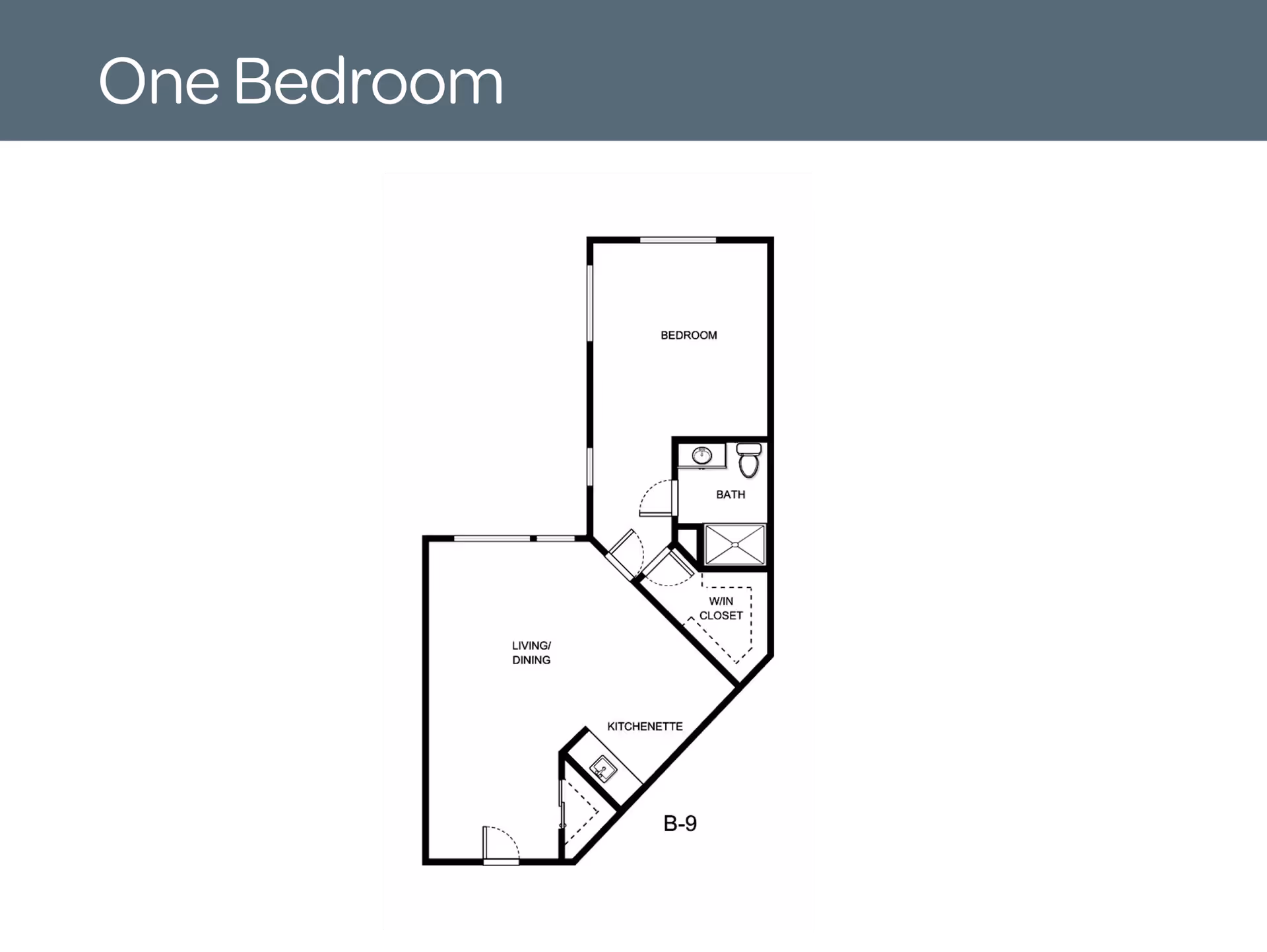 Floor plan layout of a one-bedroom unit at Holiday Alexis Gardens, showing a bedroom, bathroom, walk-in closet, living/dining area, and kitchenette.