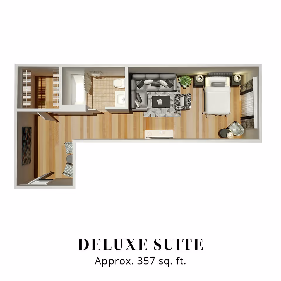 Top-down floor plan rendering of a deluxe suite showing a bedroom, living area, bathroom, and closet with the label 'Deluxe Suite Approx. 357 sq. ft.'