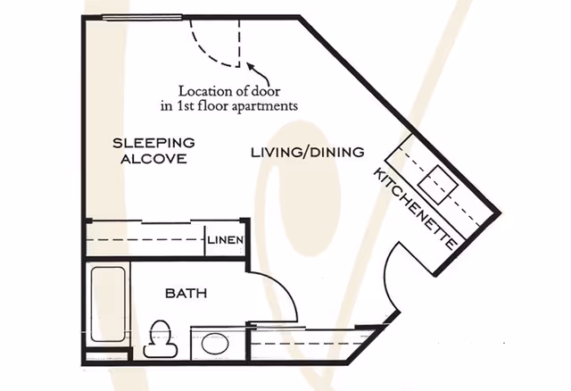 Floor plan layout of an apartment at Ashwood Place showing a sleeping alcove, living/dining area, kitchenette, bath with bathtub and toilet, and a linen closet. The location of the door in 1st floor apartments is also indicated.