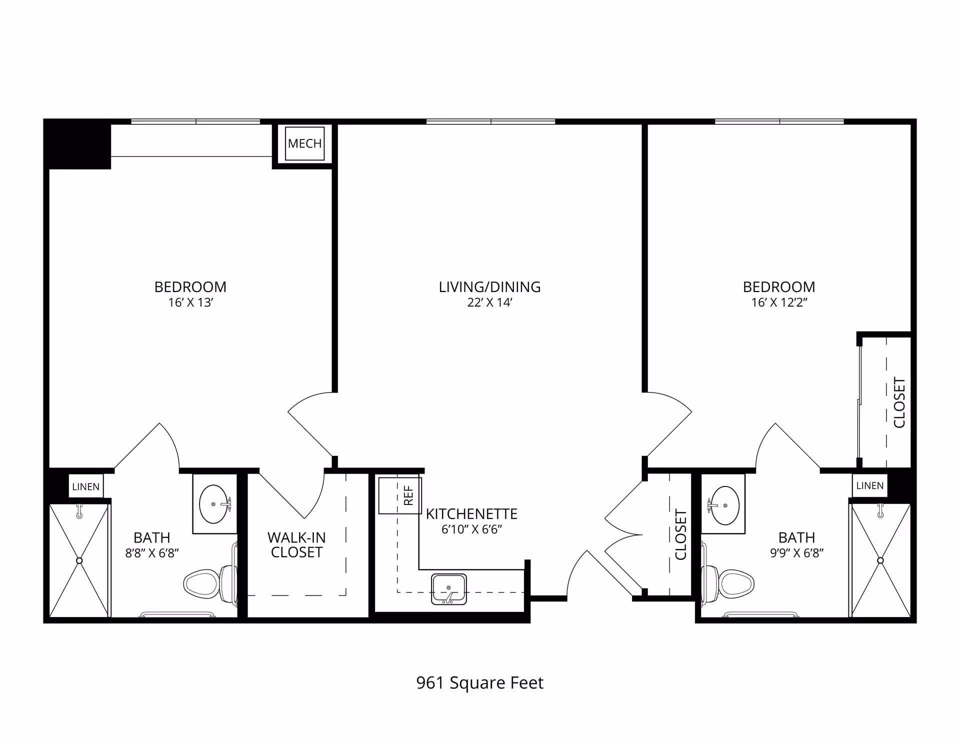 Floor plan of a 961 square feet living space at Ascension Living Providence Village, featuring two bedrooms, two bathrooms, a living/dining area, a kitchenette, walk-in closet, and closets.