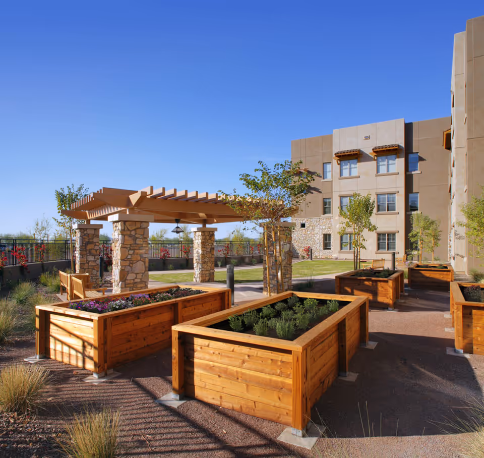 Outdoor garden area at Sagewood facility featuring raised wooden planter boxes with various plants, a pergola with stone pillars, benches, small trees, and a multi-story building in the background under a clear blue sky.