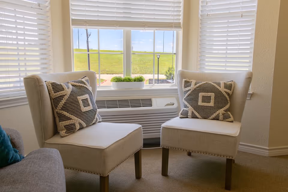 Two beige upholstered chairs with patterned black and white cushions are positioned in front of a window with white blinds. A small rectangular planter with green plants sits on the windowsill above a white air conditioning unit. The room has beige carpet and light-colored walls.