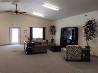 A spacious living room with beige carpet, two patterned armchairs, a sofa, a large dark wood entertainment center with a TV, two tall artificial plants, side tables, and a ceiling fan. There is a door and a window with dark curtains on the far wall.